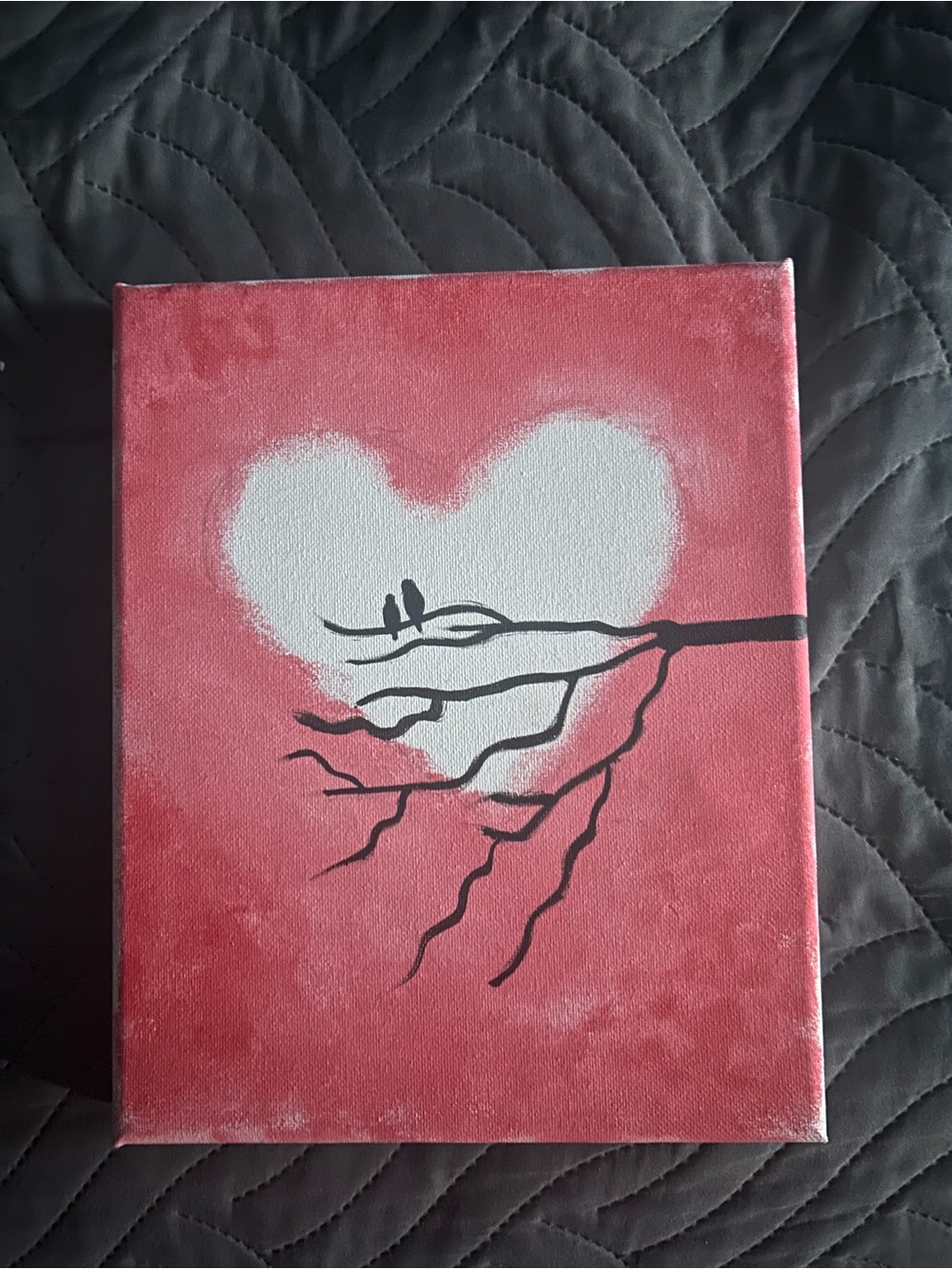 Romantic Red Canvas Art with White Heart and Black Branch